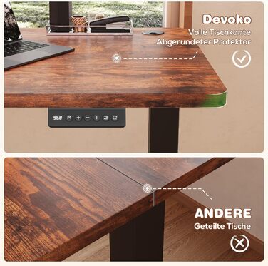 Devoko Adjustable Height Electric Desk - 120x60cm - Vintage Brown - Sit-Stand Desk with Memory Function & Collision Detection