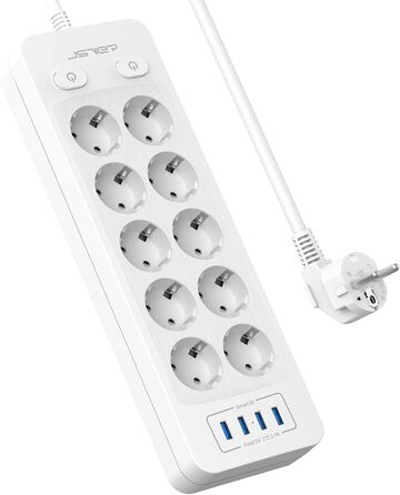 Мережева розетка JSVER на 10 розеток з 4 USB-портами для зарядки, біла. 16A, з вимикачем та кабелем 2м.