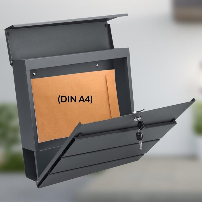 Поштовий ящик Monzana XXL з газетницею, оглядовим вікном, замком (2 ключі), сталь, антрацит. Легкий монтаж