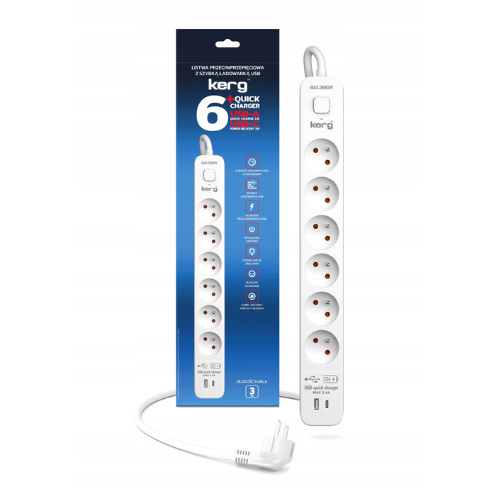 Мережевий фільтр KERG M02602, 6 розеток, 3 м, 16 А, USB-C, USB-A