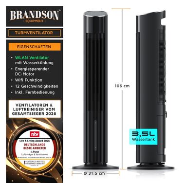 Вентилятор вежа Brandson ECO GREEN з водяним охолодженням, WiFi, керуванням Alexa – мобільний кондиціонер, чорний матовий