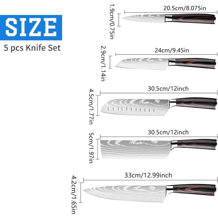 Набір кухонних ножів Dfito, 8 предметів: гострі ножі з нержавіючої сталі різних розмірів з зручними ручками. Набір ножів для кухні: гострі, стійкі до корозії, з неслизькою ручкою. Модель D8 (5pcs-A)