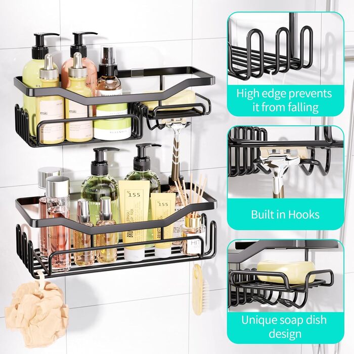 Дзеркальна поличка для душу HapiRm без свердління - органайзер для ванної кімнати та кухні, полиця для душу з 11 гачками, мильниця, тримач для бритви, тримач для шампуню, 3 кріплення, чорний