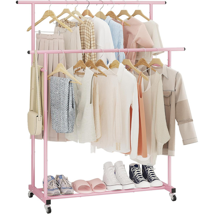 Clothes Rack with Double Rod, Rolling Clothes Rack, Portable Clothes Rack for Bedroom, Living Room, Clothing Store (Pink)