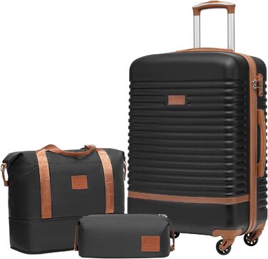Набір валіз COOLIFE 3 шт: середній кофр + сумка для подорожей | ABS, жорсткий корпус, 360° колеса, TSA-замки. Ідеально для Європи, круїзів та навчання за кордоном. Сімейний відпочинок. Чорний/коричневий колір.