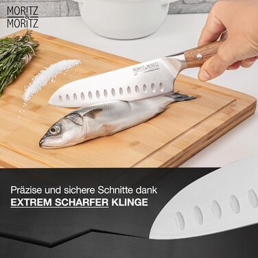 Ніж Santoku Moritz & Moritz 18 см - професійний кухонний ніж у японському стилі з надзвичайно гострою клинком - для м'яса, суші та іншого. Ергономічна ручка з акації. Німецька сталь Santokumesser
