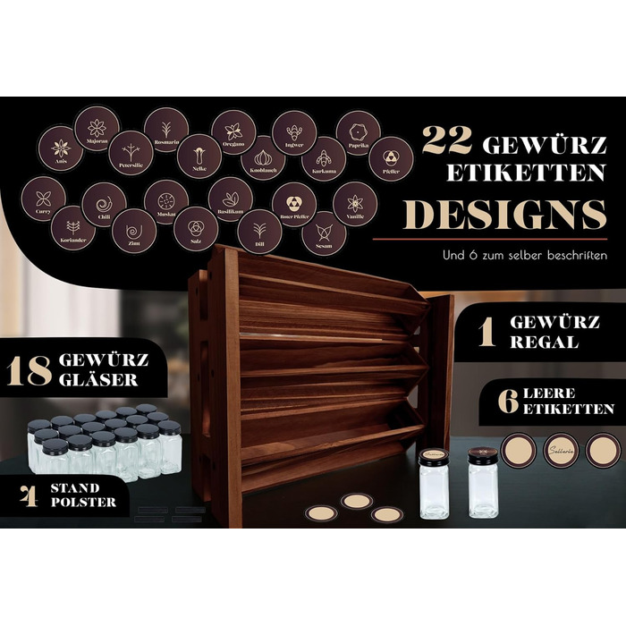 Elegant dark spice rack, wood, standing & wall mounted. 18 SPICE JARS, 25 LABELS. Spice organizer, spice rack, kitchen shelf, wood, vintage. Spice rack - spice rack system hanging - spice storage