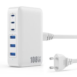 Зарядний пристрій USB C 108W GaN III, 6 портів: PD + QC для iPhone 16/15, iPad, AirPods, Samsung, Switch - Білий