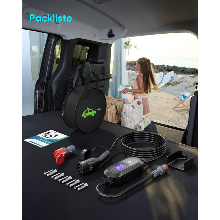 Мобільна зарядна станція для електромобіля 11 кВт (3 фази, IP67, 6-16A, 6м) з кабелем CEE 16A на Typ 2. Регульована потужність, CEE-розетка. Комплект: сумка + кріплення на стіну