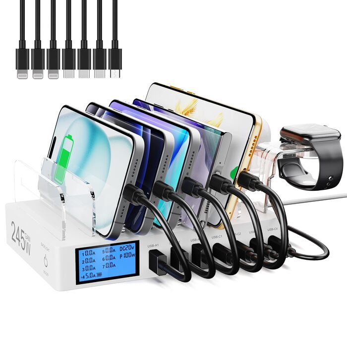 Зарядна станція 245W USB для 7 пристроїв з LCD-дисплеєм, кабелями та тримачем для iWatch, чорна - для iPhone, планшетів та іншої електроніки