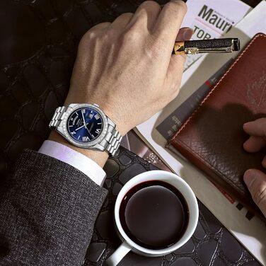 Годинник NIBOSI для чоловіків: аналоговий кварцовий годинник з діамантовою лускою, сталевий циферблат рожевого золота, водостійкий бізнес-класичний годинник з датою та днем тижня, срібно-блакитний колір