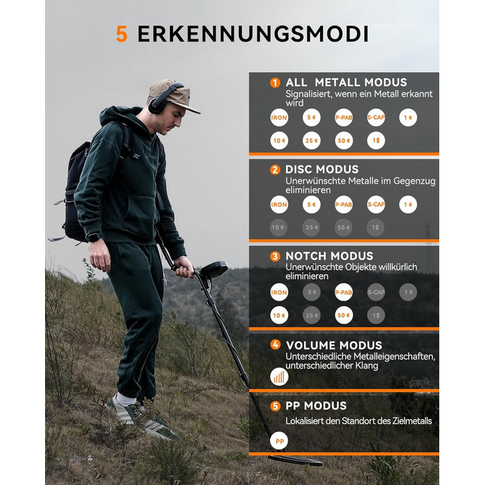 Металошукач SUNPOW – 5 режимів, професійний для дорослих, з Pinpointer, водонепроникний IP68, 30см котушка, 2 HD-LCD дисплеї, DSP-чип, регульований стержень, міцна спіральна структура, повний комплект (OTMD07)