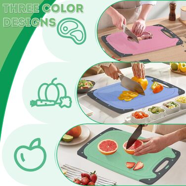 Набір з 3 дерев'яних обробних дощок з пластику, великі, кухонні, з антибактеріальним покриттям, з жолобом для соку та пресом для часнику, червоного, жовтого, зеленого кольорів