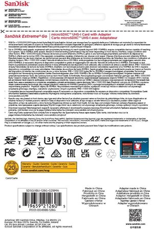 Карта пам'яті microSDXC SanDisk Extreme Go 128 GB UHS-I U3 V30 (до 200 МБ/с) для смартфонів, планшетів, екшн-камер та дронів, 4K UHD