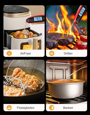 Термометр для м'яса Babacom з миттєвим відображенням та двома зондами, великим екраном, налаштуванням тривоги та калібруванням. Підходить для приготування на грилі, в духовці, для цукру та рідин.