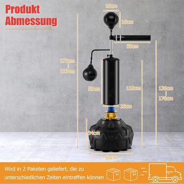 COSTWAY Стенд-бокс, боксерський мішок на стійці, регульована висота, 360° відбиваюча стійка, 2 швидкосні м'ячі, комплект боксерського мішка, кікбоксингу, MMA для дітей та дорослих, 173-213 см