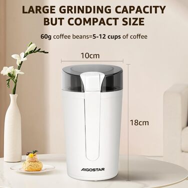 Електрична кавомолка Aigostar Blanche з регулюванням ступеня помелу, BPA Free, 60г, 200W, біла