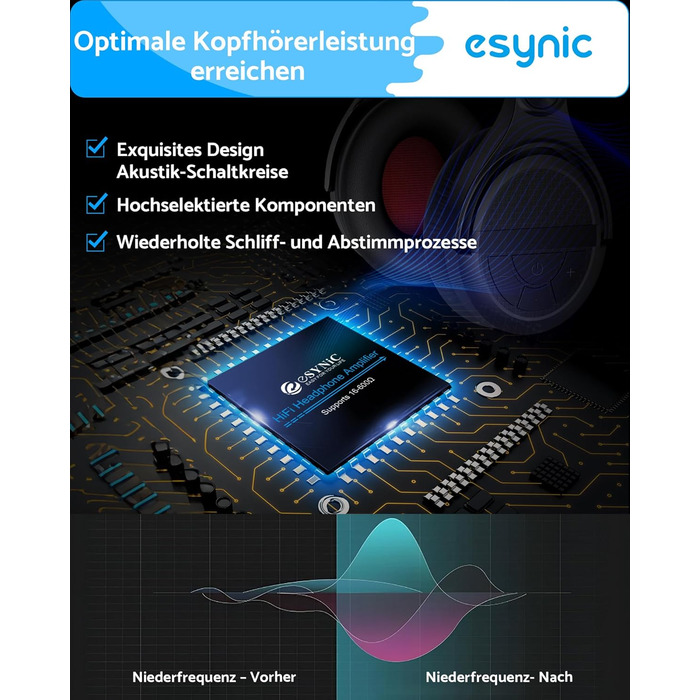 eSynic Підсилювач для навушників HiFi – портативний, з акумулятором 1000mAh, для MP3/MP4/Smartphone/PC, 16-600 Ом, 3.5mm AUX, алюмінієвий корпус