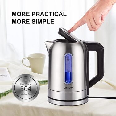 Електричний чайник GRIFEMA 0.8L, 1100W з фільтром від накипу, тихий, швидкий, без BPA, для подорожей, автоматичне відключення, захист від перегріву, білий (нержавіюча сталь 1.7L)