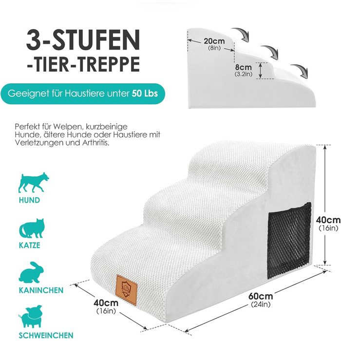 Сходинки для собак Myiosus: 3 сходинки, 40 см, водонепроникні, для маленьких собак і котів, білі