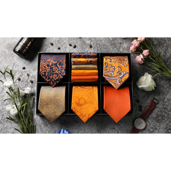 HISDERN Набір краваток для чоловіків (5 шт.) з кишеньковим хустинкою. Класичний елегантний аксесуар для весілля. Шовкові краватки та хустинки в подарунковій коробці.