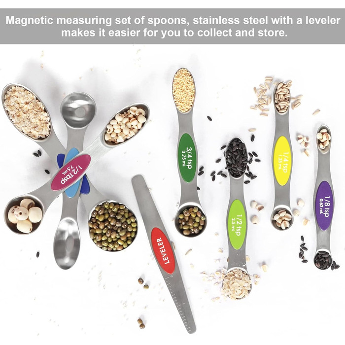 Multicolor magnetic measuring spoon set with leveler, stainless steel, stackable, fits spice jars – for baking and kitchen use