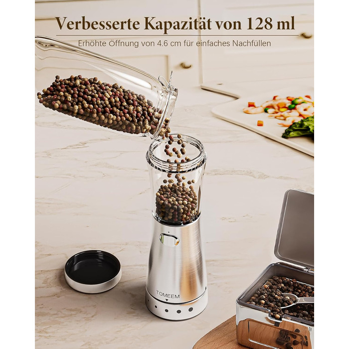 Salt and Pepper Grinder Electric 2-Piece Set with USB Rechargeable, Improved 4.5oz Large Capacity Spice Grinder Electric, Adjustable Coarseness with LED Light, Ideal for the Kitchen