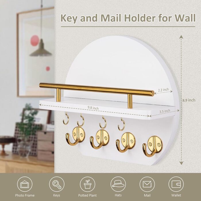 Настінна вішалка для ключів Nekon з полицею та 8 гачками, 24.8 см, декор для дому (Білий/Золотий)