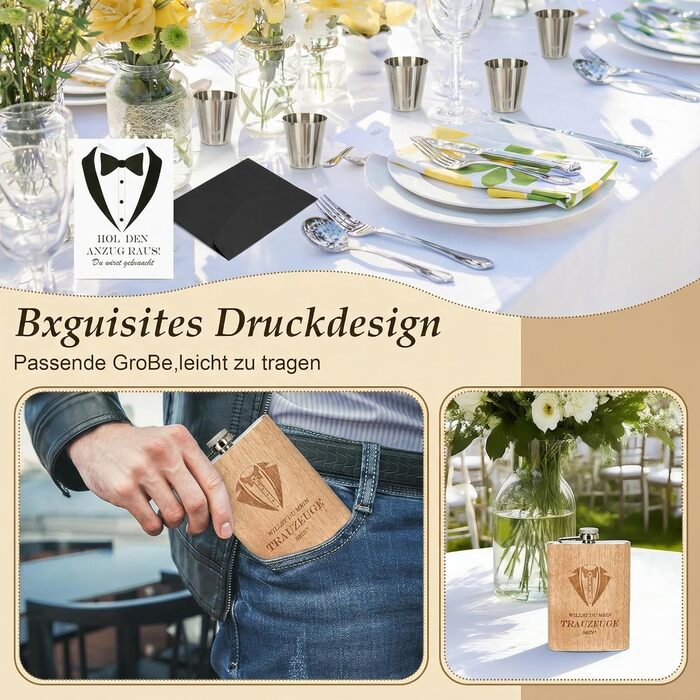 Персоналізований набір фляг 8oz з гравіюванням – фляга з нержавіючої сталі, 4 склянки, воронка & подарункова коробка для дружків, подарунок на весілля для чоловіків та жінок (колір дерева)