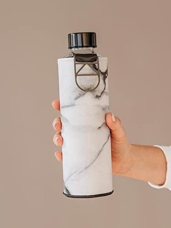 EQUA large drinking bottle with faux leather sleeve, 750 ml, made of borosilicate glass, BPA-free and leak-proof. (Grey/White)