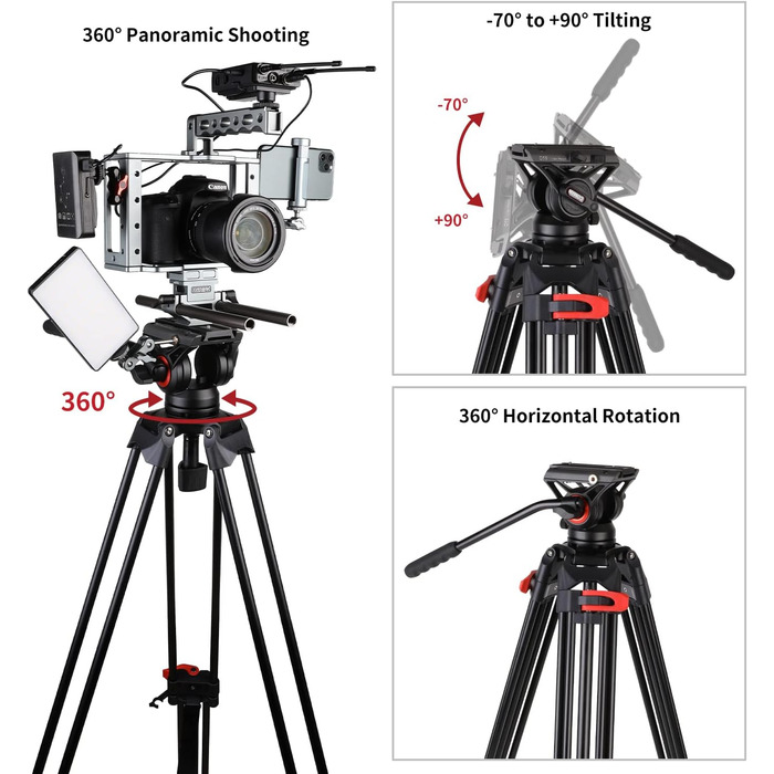 Штатив для камери COMAN 186 см з алюмінію - тринога з поворотним кріпленням 360° та нахилом ±90°, відеоштатив, сумісний з DJI Rs, Manfrotto, максимальне навантаження 10 кг (Q5)