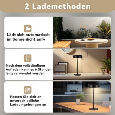 Настільна лампа на сонячній батареї з акумулятором LED, 2 шт. Чорна - Бездротова, сенсорна, димована, USB зарядка, IP44 для дому та вулиці