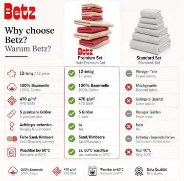 Набір рушників Betz Premium 12 предметів, 100% бавовна, сертифікація Oeko-TEX, висока щільність, колір Пісочний/Малина