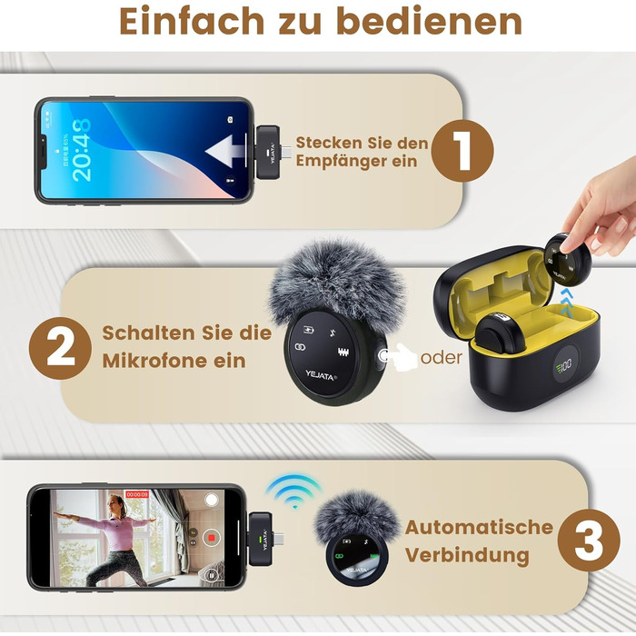 Мікрофон 2-в-1 для iPhone та Android з шумозаглушенням, кейс на 40 годин, магнітна застібка та кріплення для інтерв'ю, жовтий, 25 метрів