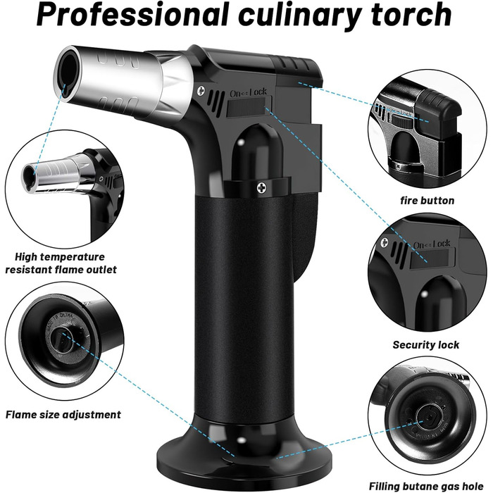 Фламбер (Royouzi) з блокуванням безпеки: регульований, наповнюваний, для приготування Crème brûlée, грилю, приготування їжі, кемпінгу