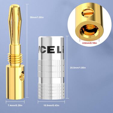 Позолочені бананові роз'єми VCELINK для акустичних кабелів 24K, 0.75-4 мм (12 шт / 6 пар) для підсилювачів, HiFi колонок та AV-ресиверів