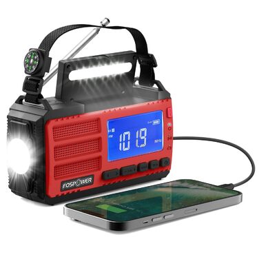 Радіоприймач FosPower NOAA/AM/FM з Power Bank 19240mAh (5200mAh) – Сонячна/USB/Ручна зарядка, SOS-сигнал, Ліхтарик, Помаранчевий (D8)