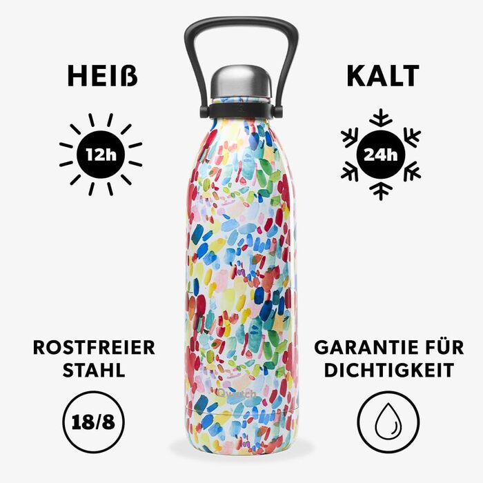 QWETCH 1.5L Stainless Steel & Titanium Thermos Flask - 48H Cold & 16H Hot - Leakproof & BPA-Free - Insulated Water Bottle with Handle - Perfect for Camping, Picnics & Family (1500ml, Arty)