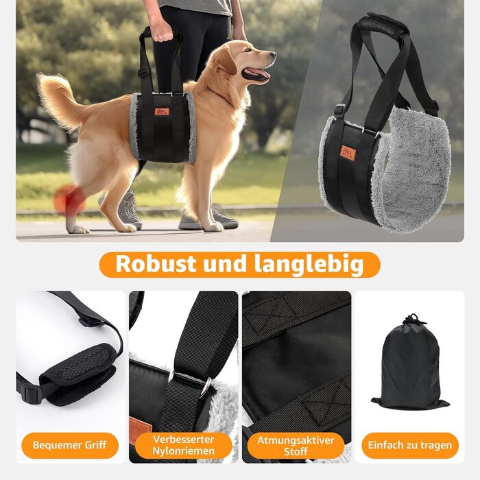 Регульована переносна допомога для собак, переносна лямка для реабілітації, поранених, травмованих або літніх собак - шлейка для собак як засіб допомоги при ходьбі для маленьких і великих собак, сірий колір, XL