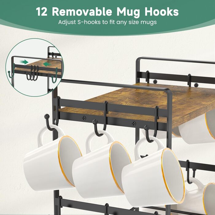 EsLuker.ly 2-Tier Mug Holders and Cup Stands, Mug Shelf for Coffee Cups, Coffee Organizer for Countertop, Coffee Station Organizer with Mug Holder, Vintage Brown-Black (15''H, Vintage Brown + Black)
