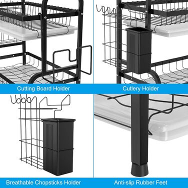 Сушарка для посуду Astoryou 2-ярусна, чорна, з підставкою для столових приборів, з нержавіючої сталі (42x23x41 см)