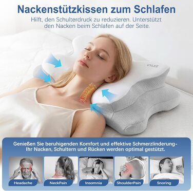 Подушка для шиї VYLEE з піни Memory Foam: ортопедична для сну на спині, боку та животі, від болю в шиї та плечах (Сіра)