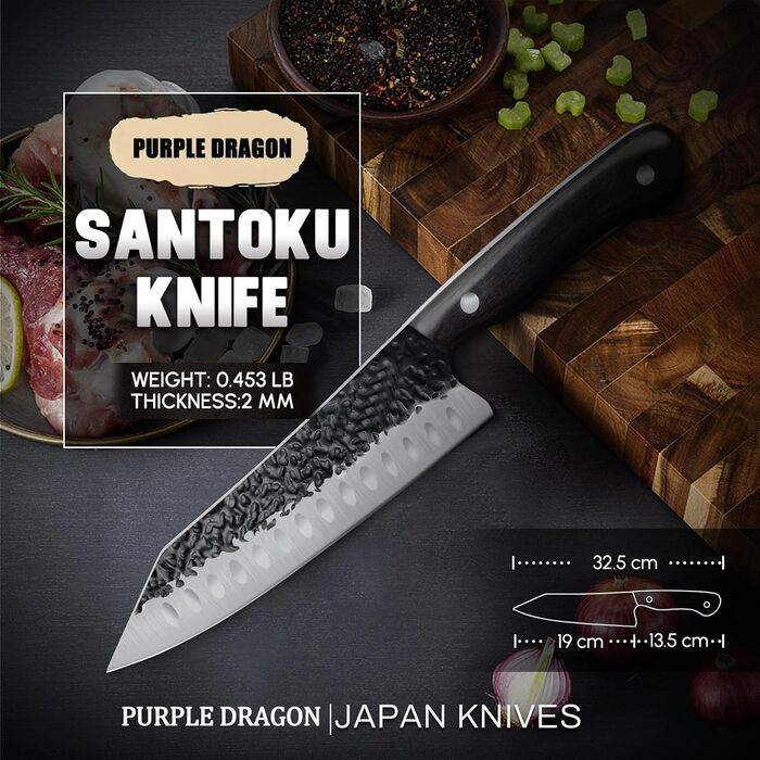 Ніж Santoku Purple Dragon Professional 10 см - сталевий ніж для м'яса та овочів з ергономічною ручкою