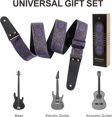 Гітарний ремінь Nefelibata Vintage з вишивкою, з натуральною шкіряною обробкою. Підходить для бас-гітари, електрогітари та акустичної гітари. У комплекті: кнопка для ременя, 2 фіксатори та 4 медіатори. Колір: аметистовий (#lila)