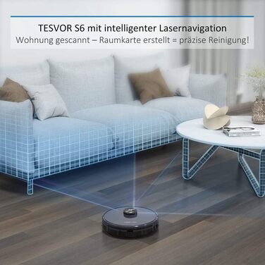 Робот-пилосос Tesvor S6 з функцією миття, лазерна навігація, карта приміщення в реальному часі, потужність всмоктування 2700PA, видалення алергенів та шерсті тварин, сумісний з док-станцією (продається окремо)