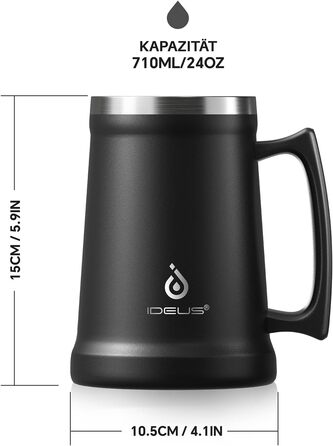 Термокружка для пива Ideus® з нержавіючої сталі, 710 мл, 24oz, з ручкою, для Октоберфесту (чорна)