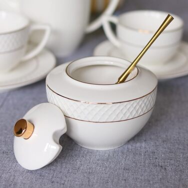 Wilmax Sugar Bowl + Milk Jug Set - 2-Piece - Porcelain Milk & Sugar Containers with Gold Pattern - White - Sugar Dispenser with Lid - Coffee Service for Milk Coffee Tea