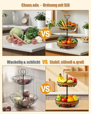 Двоярусний кошик для фруктів LEEJARD з синтетичного ротангу, знімний піддон, чорний (H:45 Dm:29 см)