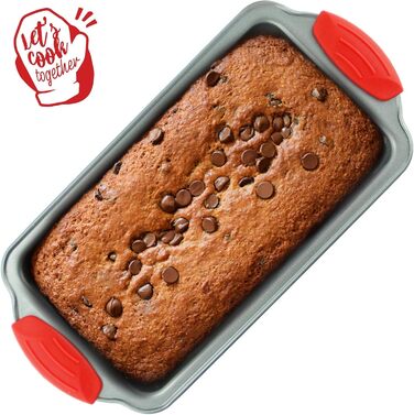 Loaf Pan - Premium Non-Stick Loaf Pan Made of Steel by Boxiki Kitchen | Professional Non-Stick Baking Pan for Baking Banana Bread, Meatloaf, and Pound Cake | 21.5 x 11.5 cm, with Red Silicone Grips