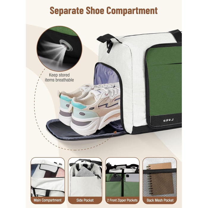 Спортивна сумка Lekesky 80L для подорожей та спортзалу, 45x36x20 см, водонепроникна, з відділенням для взуття (бежево-зелена)